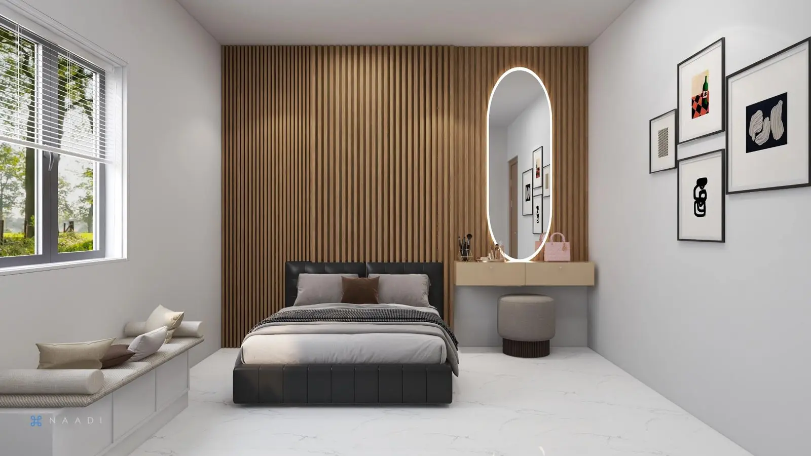 Master bedroom with fluted oak headboard wall, arched mirror and window seat