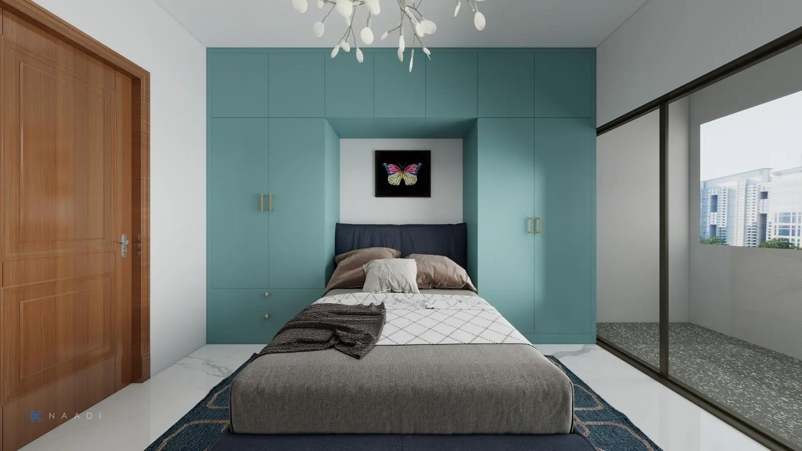 Master bedroom with teal wardrobe and upholstered headboard