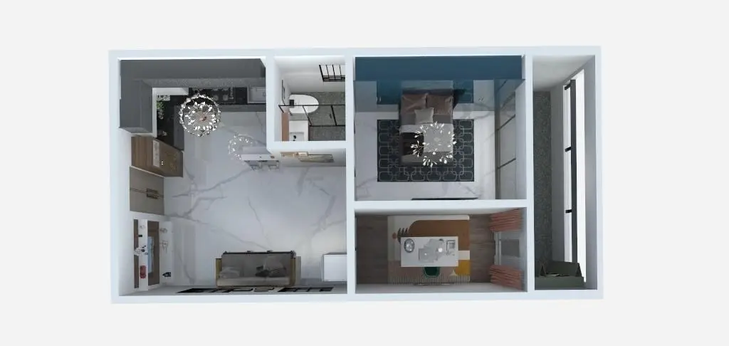 3D floor plan of an 810 SFT 1.5 BHK apartment
