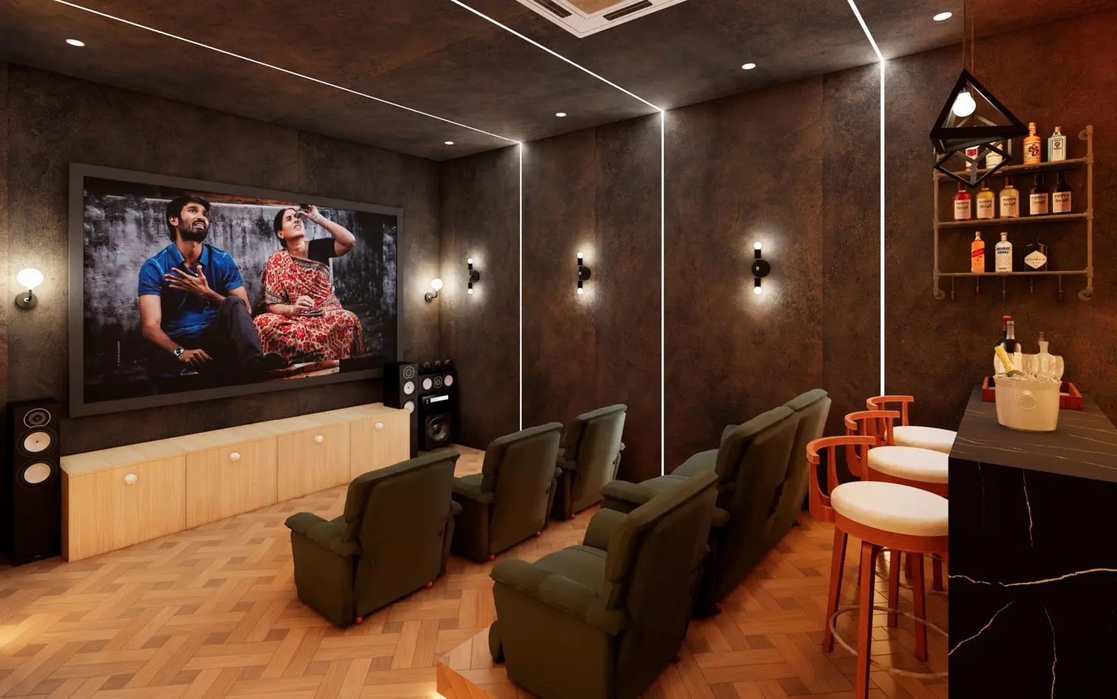 Home theatre with olive recliners, parquet floor, acoustic walls and bar counter