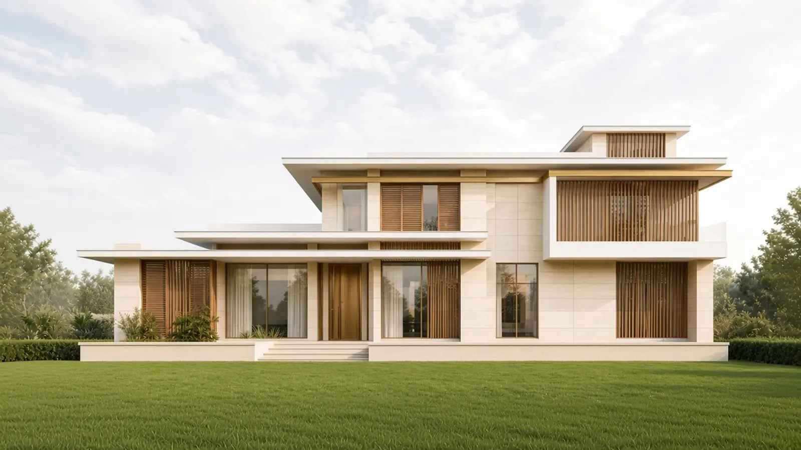 A contemporary two-storey villa in cream limestone and white plaster with teak louvres, large glazing and brass accents, raised on a stone plinth with three steps up to the front door above a green lawn, under a soft morning sky