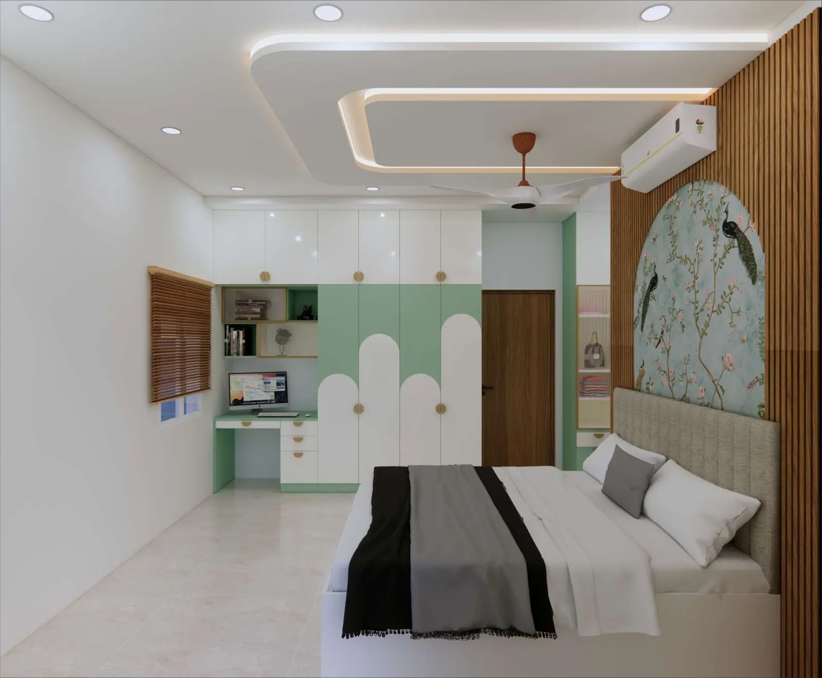 Children's bedroom with sage arch wardrobe and peacock mural