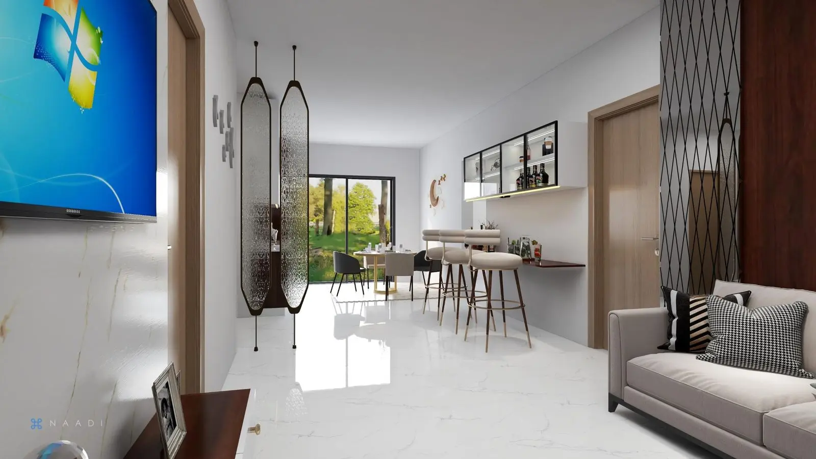 Open living and dining with fluted panel partition and arched mirrors
