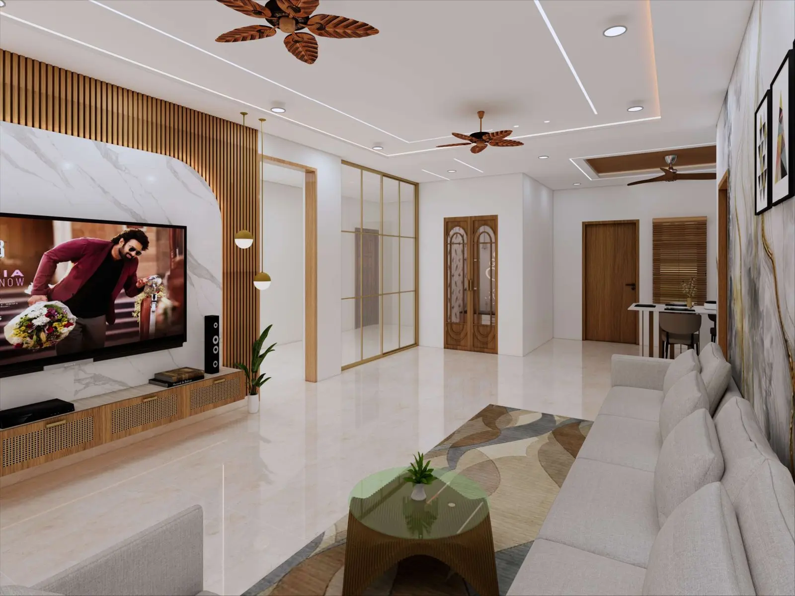 Fluted walnut TV wall with floating console