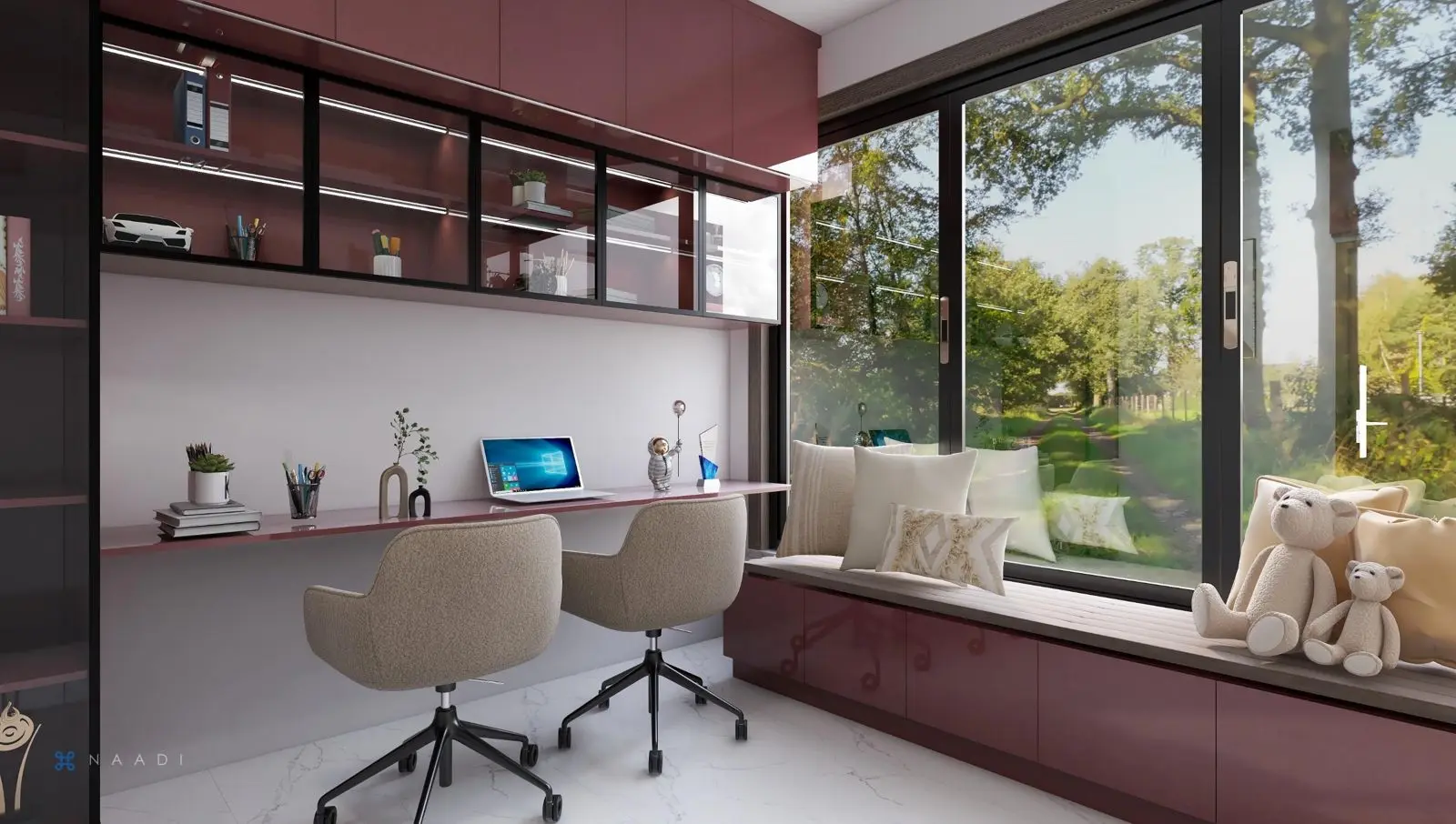 Study room model 1 with maroon 3922 LU shutters