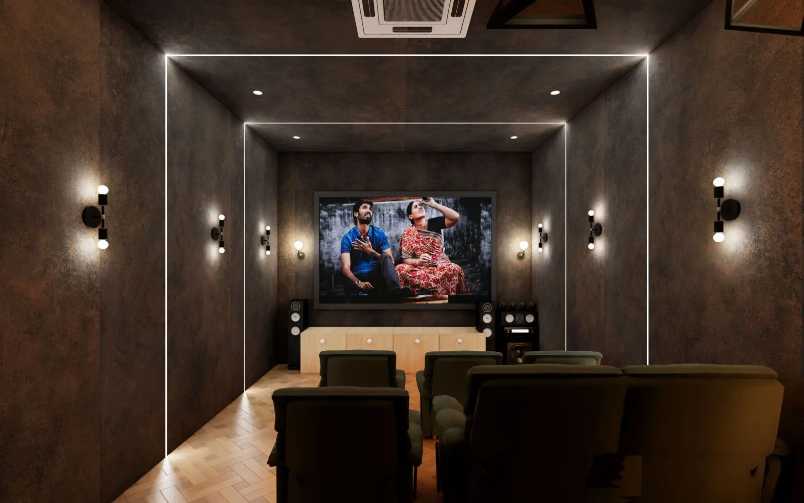 Home theatre with acoustic walls and recliners