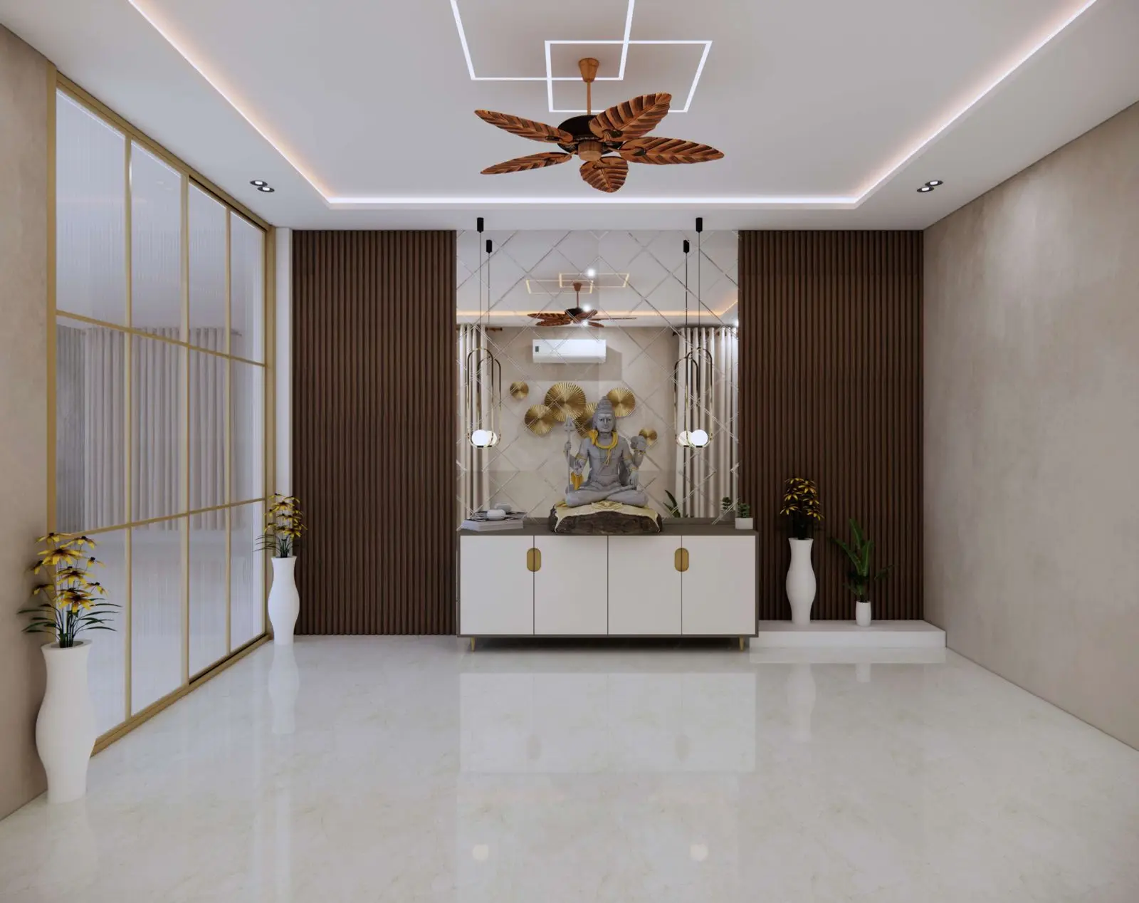 Double-height waiting hall with staircase and walnut feature wall