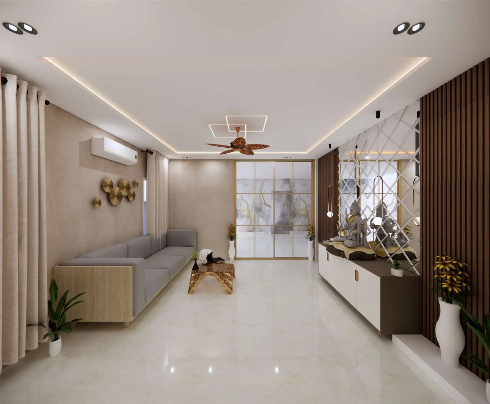 Waiting hall with walnut feature wall and cove-lit ceiling