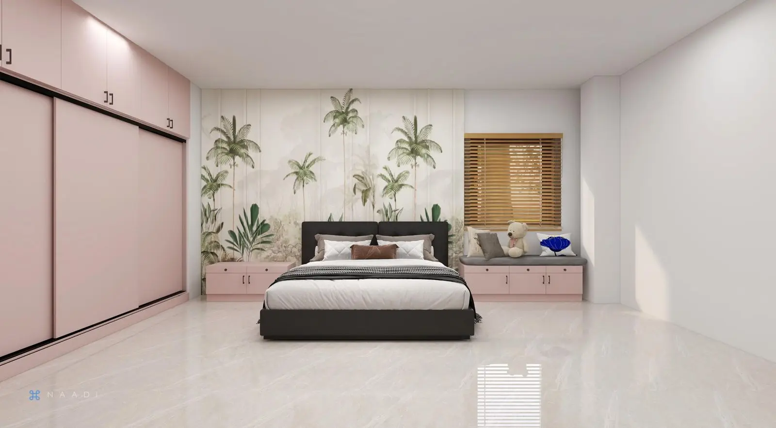 Bedroom with blush sliding wardrobe and soft lighting